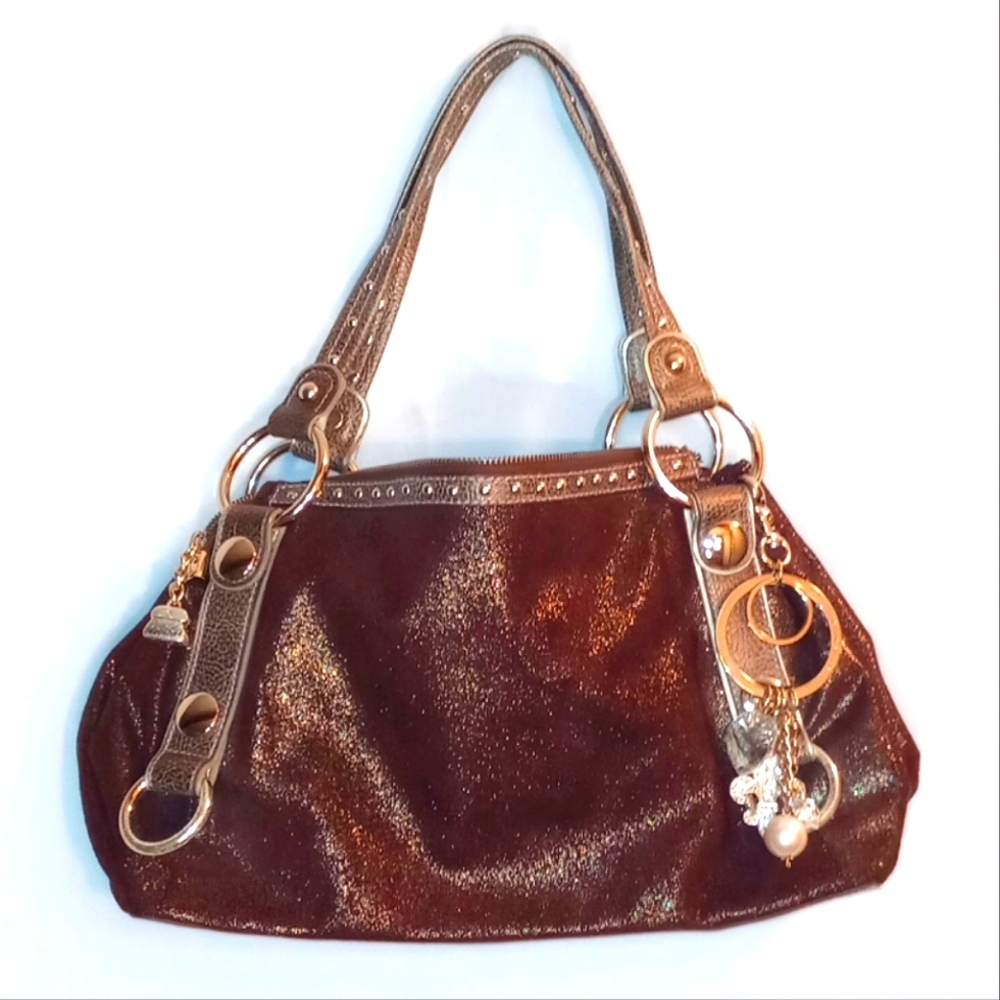Vintage Kathy Van Zeeland Mint Condition Brown Gold Suede Shoulder Handbag Purse